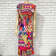 Farm Rio Mixed Patchwork Midi Dress Multicolor Sleeveless Tassel Belt Womens | S