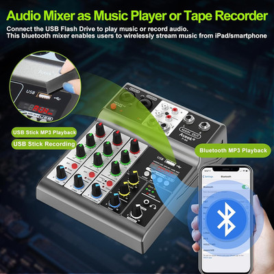 Professional Audio Mixer, Sound Board Mixing Console with 4 Channel Digital U...