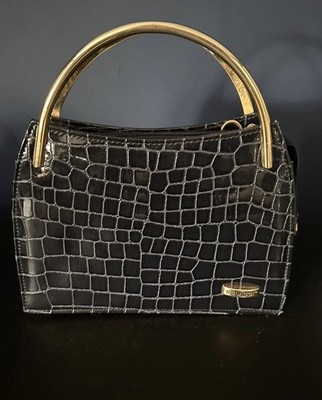 DAMEN DAMEN BULAGI schwarz MOCK KROKO TASCHE gold Metallgriffe 1990er Vintage Y2K 
