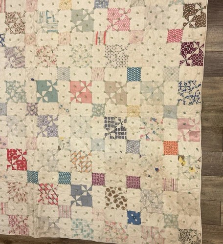Antique Handmade/Tied Patchwork Multicolored Block Cotton 90x70” Country Quilt - Picture 5 of 15