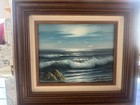 Vintage Oil Painting Signed W. Longstreet Sea Scape Nautical Seagulls Moonlight