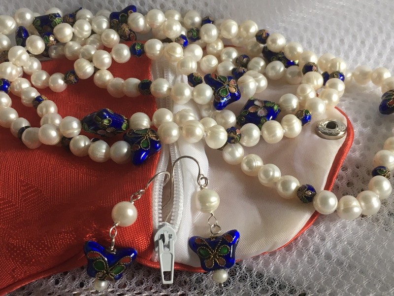 VINTAGE CLOISONNÉ BEAD & PEARLS NECKLACE & 925 Sterling EARRINGS SET