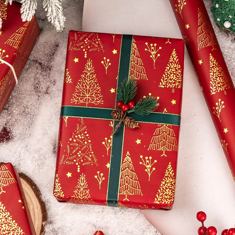 Red Gold Christmas Tree Wrapping Paper Roll Metallic Foil 17x33 Ft Holiday Gift - Image 3 of 4