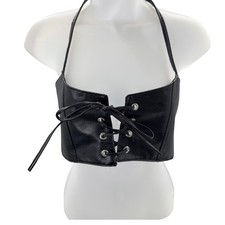 Faux Leather Lace Up Halter Crop Top Black Corset Bustier S/M Y2K Goth