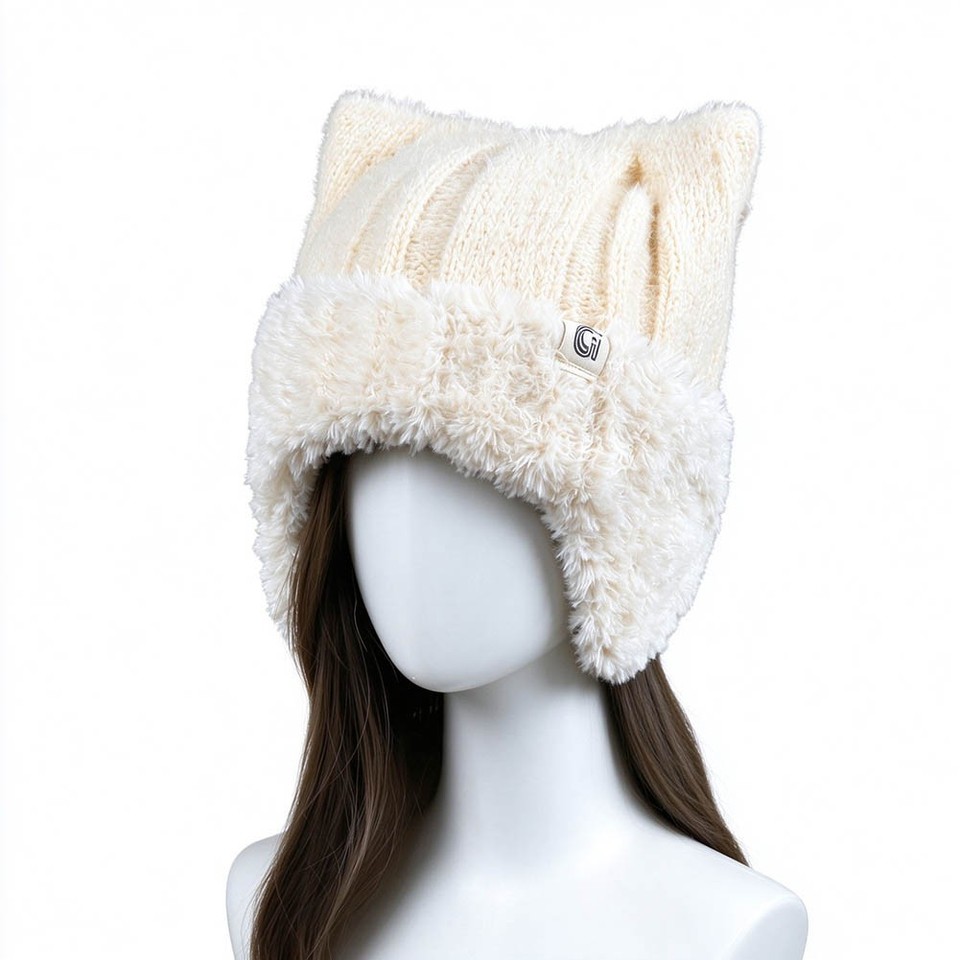 Cat Checking Weather Women's Winter Knit Hat with Cat Ears Warm For beanie for Cold Weather ...