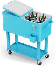 VINGLI 80 Quart Rolling Ice Chest, Portable Patio Party Bar Drink Cooler Cart, w