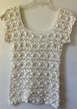 VTG Y2K Crochet Cotton Sweater Small Flower Buds Low Back Hippie Fairy READ