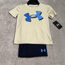 Under Armour Shirt Shorts Set Youth 4 Tan Blue Big Logo Athletic Training NWT
