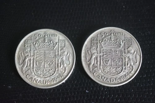 1943 and 1944 Canadian 50 cent half dollar coins 80% silver