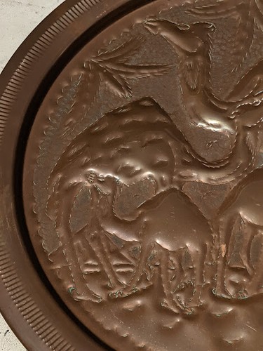 VINTAGE COPPER ARABIC MIDDLE EASTERN ROUND TRAY CAMEL DESIGN 15" - 第 6/12 張圖片