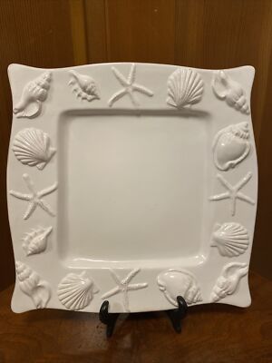 Blue Sky Seahorse Seashell Menagerie White Square Dinner Plate 11 