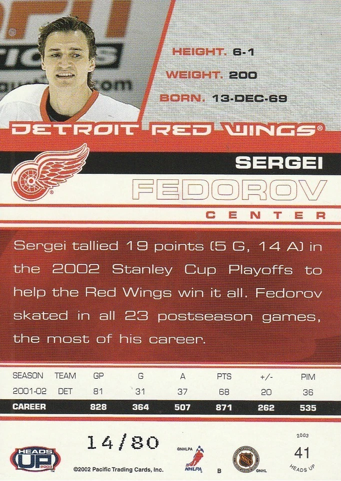2002-03 Pacific Heads Up Red #41 Sergei Fedorov/80 - Image 2 of 2
