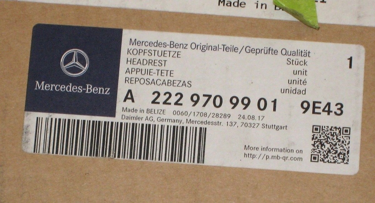 MERCEDES BENZ W222 HEADREST HEAD REST, PART# 22297099019E43 