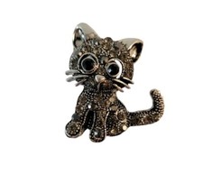 Silvertone Grey Black Crystal Cat Kitten Brooch Pin Big Eyes 1"