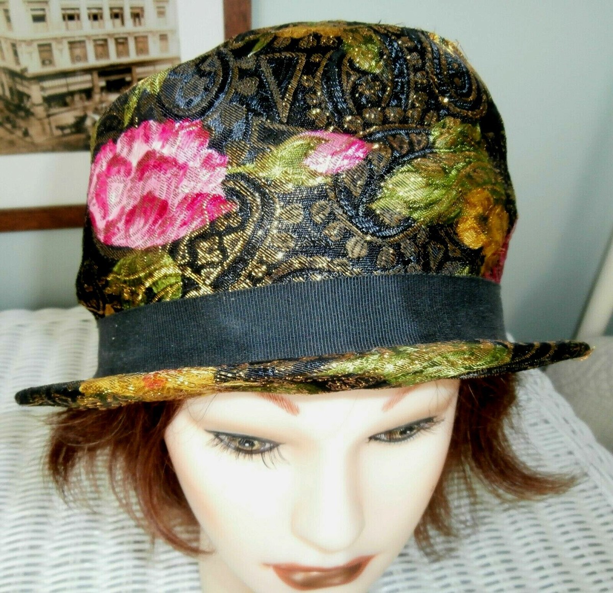 Vintage Gold Lamé Floral Net Detail Bucket Hat S YOLAI 1920S Vintage Women Fel? Cloche Bucket Hat Floral  main image 2