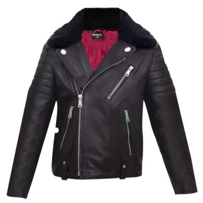 Jungen Kinder Echtleder Biker Style Jacke Brando Cross Zip schwarz Fellkragen