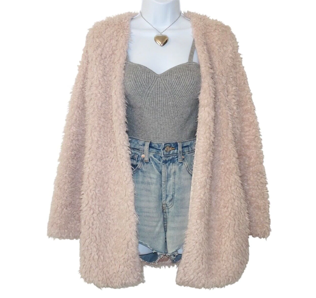 Y2K Pink Coquette Front Pockets Sherpa Jacket Barbie Pastel Faux Fur Teddy Coat