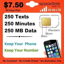 Speedtalk Cell Phone Plan SIM Card - 5G 4G 250 Text 250 Mins Talk 250 MB Data