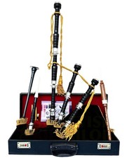 Great Highland Bagpipe Black Finish Silver Mounts Brown Velvet Cover Tutor Book