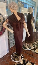 20s Dress 30s Flapper Maxi Crinkle Brown Slip Dress  Knit Cape w Fringe 2pc M