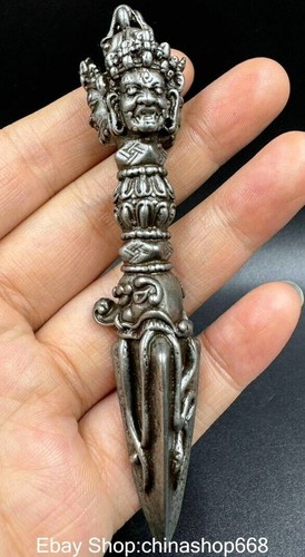 4" Old Tibet Meteorite Buddhism Mahakala Buddha Phurba Dagger Holder Faqi Amulet - Picture 5 of 6