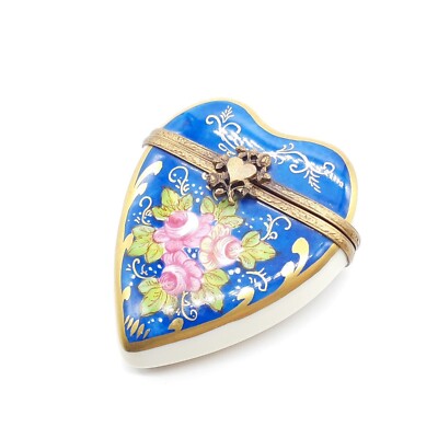 Vintage Limoges Emaille Schmuck Pillendose Herz Design Blume Blau Gold Kosten...