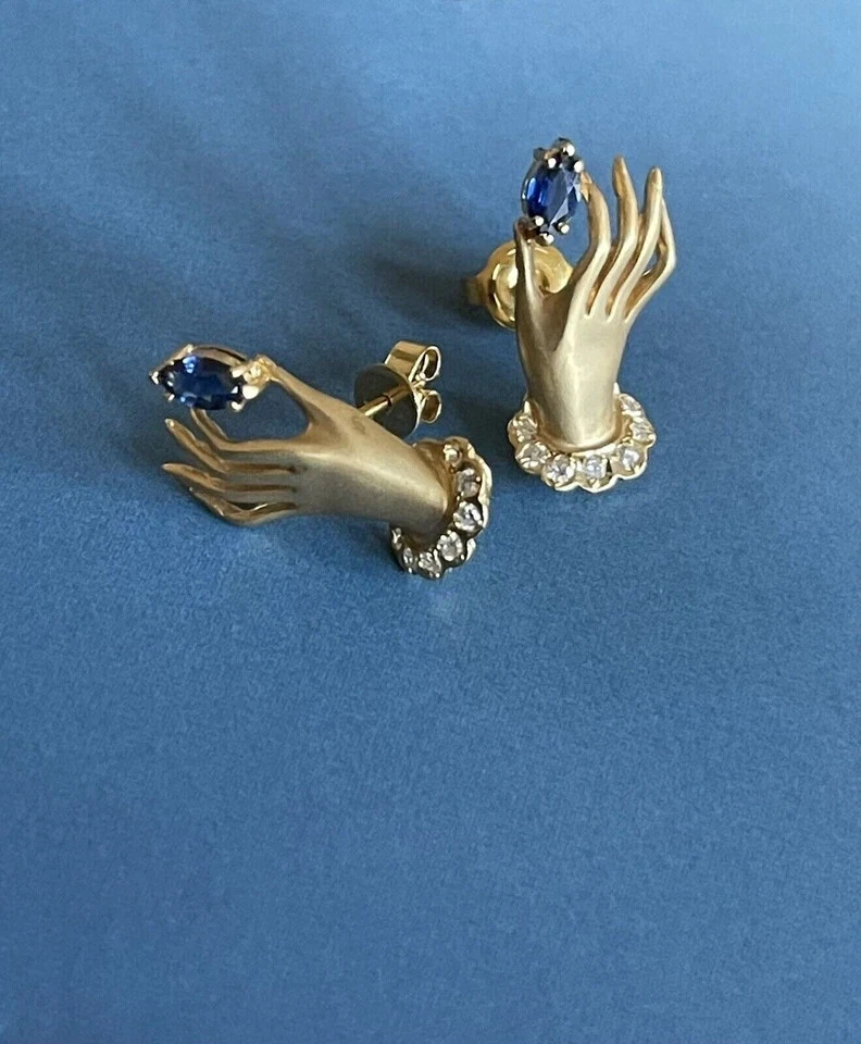 Hermosos aretes marquesa de zafiro simulado de 2 quilates enchapados en oro amarillo de 14 k Foto 2 de 4