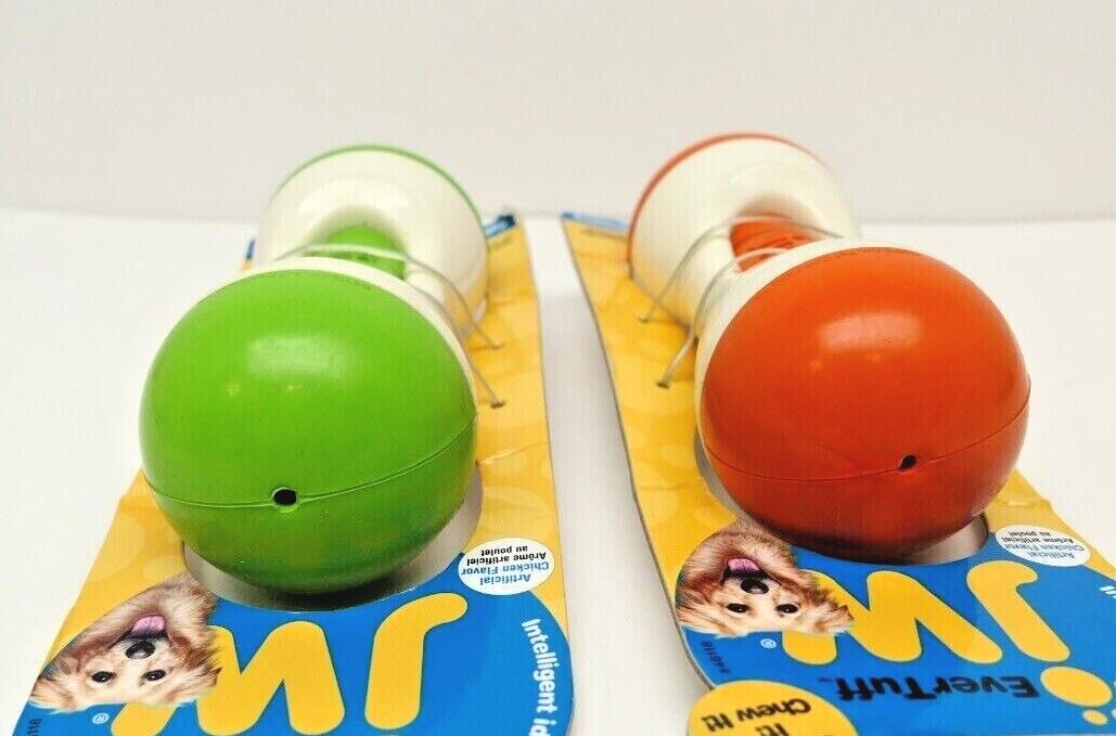 LOT OF 2- JW Pet EverTuff Large Squeaky Barbell Dog Treat Toy Chicken Flav 46118