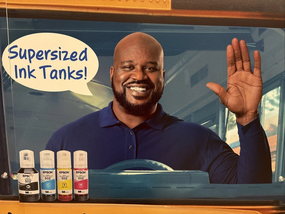 Shaquille O’Neal Grapas Epson Promo Cartón Recorte Shaq Autobús Escolar 90x76 Pulgadas Foto 3 de 4