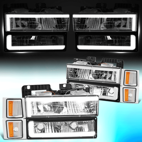For 1994-2000 Chevy C/K Pickup Suburban Tahoe C-LED DRL Headlights Chrome/Amber - Picture 1 of 10