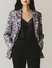 Vintage Silk Animal Print Blazer Jacket Size S Petite Gray Relaxed Fit Women's