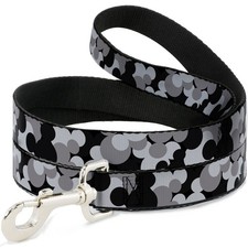 Dog Leash Mickey Mouse Head Stacked Black/Grays WIDE 1.5"
