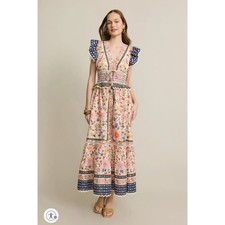 Farm Rio Superbloom Tapestry Cream Dress Floral V Neck Ruffle Sleeve Sz S