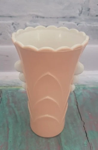 Vtg Anchor Hocking Art Deco Vase Fire King Pink-Peach Vitrock Milk Glass MINT