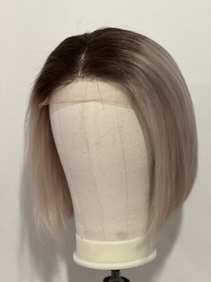 100% Echthaar Kleberlos Seidig Glatt Kurz Bob Lace Front Perücke Aschblond 