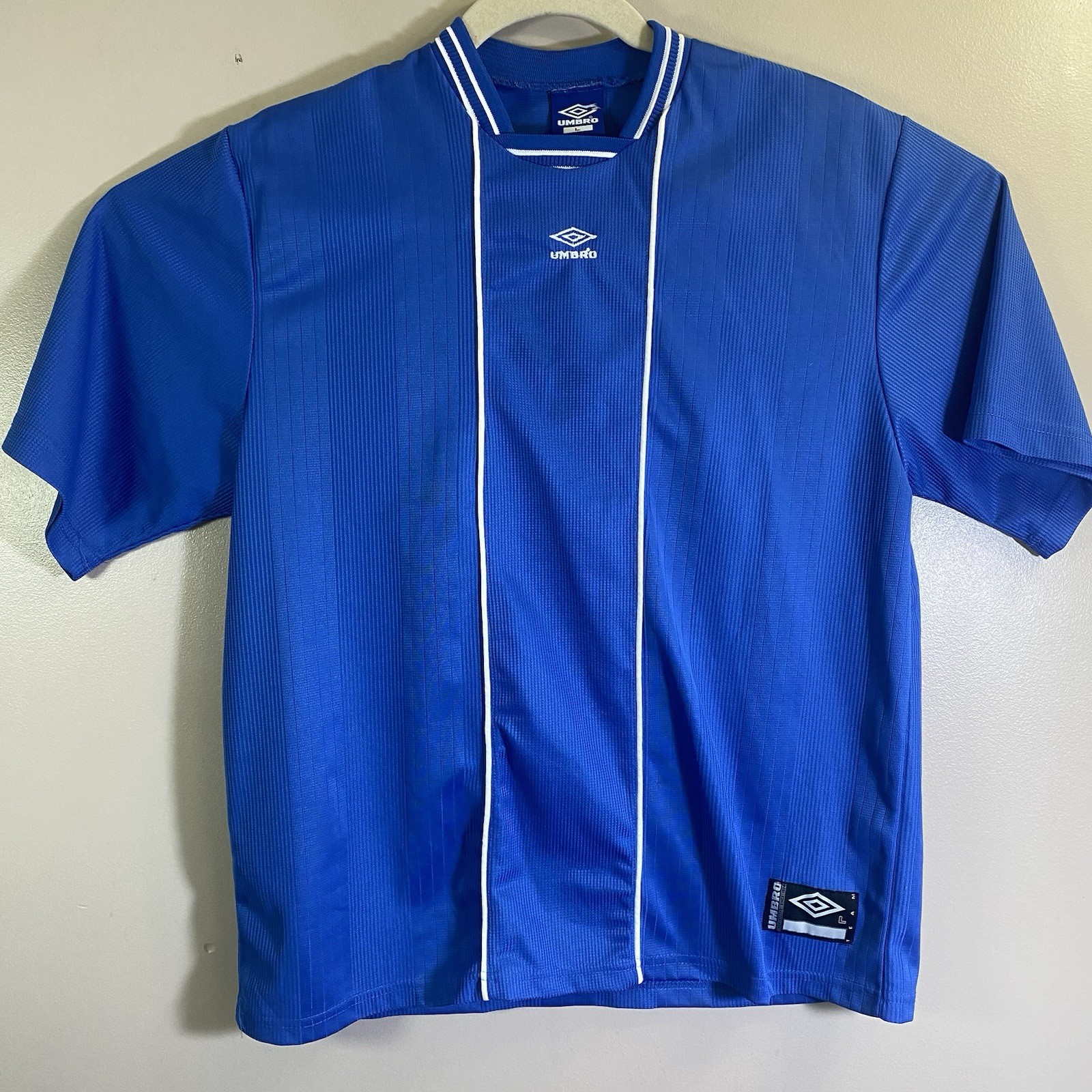 Vintage Umbro Shirt Mens Large Blue  Soccer Jersey Made USA Short Sleeve