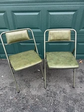 Vintage Cosco Padded Folding Chairs Mottled Finish Green (2)
