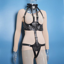 M/L PU Leather Body Harness Corset Cupless Chest Bra Bondage Straight Jacket 