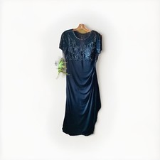 Xscape Size 12 P Navy Short Sleeve Embellished Formal Maxi Dress