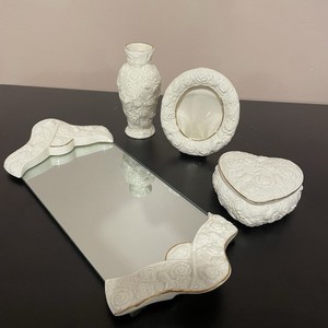 International Silver Co Vintage Vanity Mirror Tray Set Floral Ceramic 4 Pc RARE