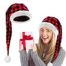 Long Santa Hat for Adult  Red Buffalo Plaid Christmas Santa Hats Unisex Thic