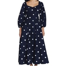 Free Assembly Navy Blue Polka Dot Midi Dress Sweetheart Puff Sleeve A-Line Sz M