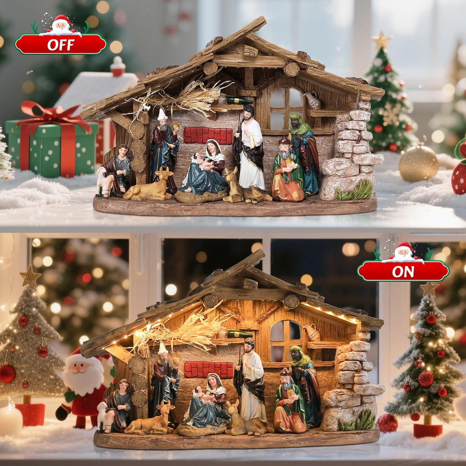 15.6" Resin Nativity Set LED Light & Music Holy Family Christmas Tabletop Decor