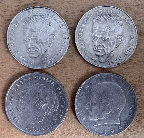 Germany 4x 2 DM 1960-1980s-Heuss Adenauer Schmidt Planck Collection Coins