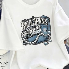 Womens Pearl Print Graphic Tee Casual Summer T-Shirt Blue Jeans Cool Top