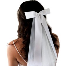 White Bow Bridal Veil with Hair Clip Tulle for Bachelorette Party Wedding