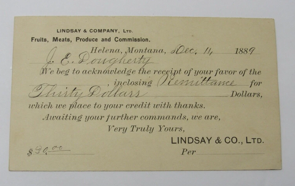 Helena Montana Territory Postal Card 1889 Lindsay & Co. to Radersburg MT - Image 2 of 2