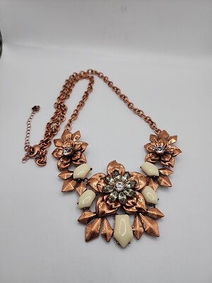 Premier Designs 26'' + 4'' Statement Necklace Copper Color Rhinestones Cream Color