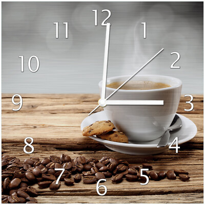 Wallario Premium Metalleffekt Uhr Heiße Tasse Kaffee Kaffeebohnen Holztisch Café