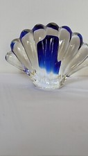 Sea Shell Glass Paperweight Clear And Blue Beachy Decor 3" Tall